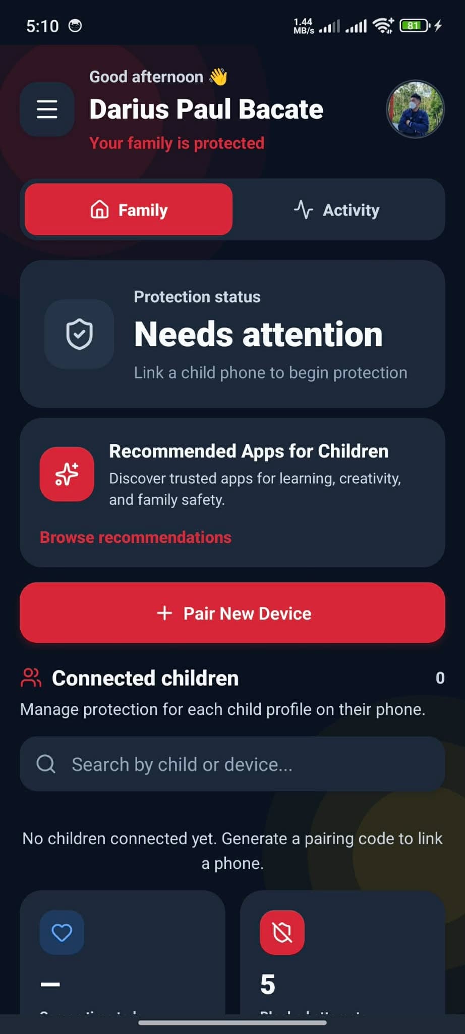Cerberus Parent home dashboard